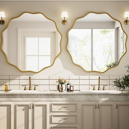 Round Wavy Mirror 36 Inch Bathroom Vanity Mirror Metal Frame Circle Wall Mounted Mirror for Bedroom Living Room Entryway Gold
