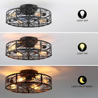 20'' Caged Ceiling Fan with Lights and Remote Control,Small Farmhouse Bladeless Low Profile Ceiling Fans Lights,Industrial Flush Mount Low Profile,Reversible Motor 6 Speeds for Bedroom,Living Room