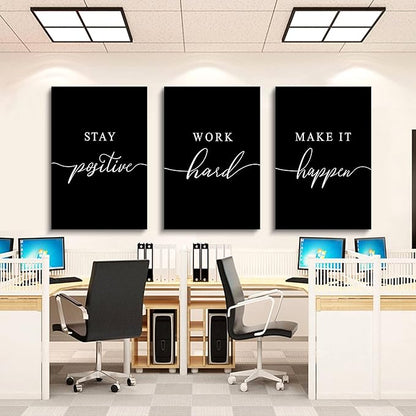Work Hard Canvas Wall Art - Success Quote, Office Decor - Black Large Poster, Positive Motivational Set of 3 Prints (16x24in x 3pcs)