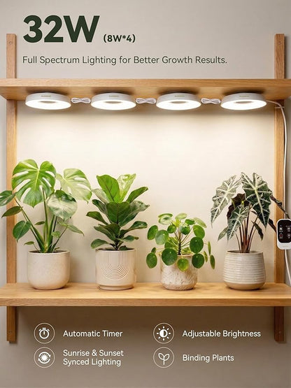 GLOWRIUM Grow Lights for Indoor Plants, Full Spectrum Puck Grow Light with Manual & APP Control, 32W(4 x 8W) Plant Lamp Auto-Timer, Plant Assistant 10 Levels Dimmable for Plant Shelf (4 Packs,White)
