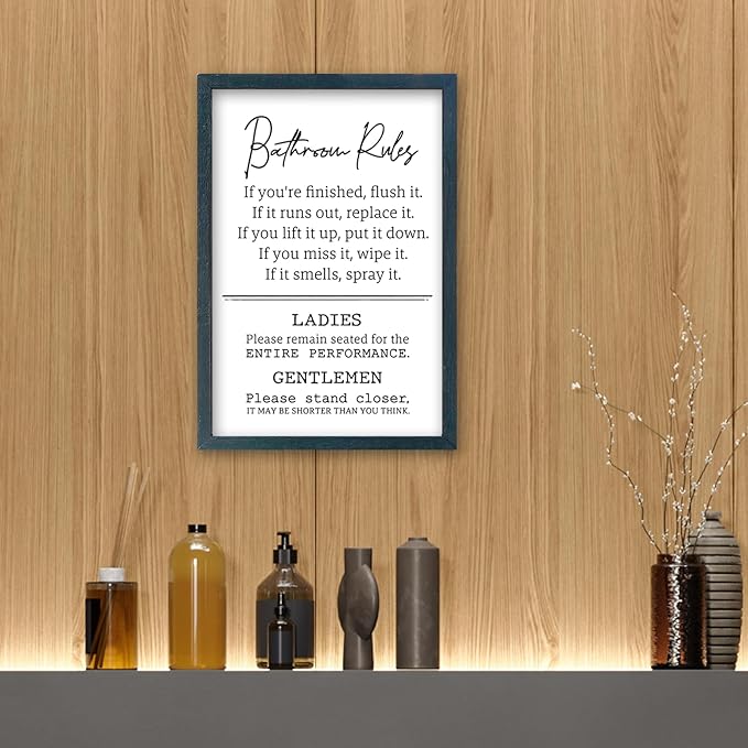 Bathroom Rules Wall Decor 16"×11" Restroom Toile Sign Humor Quotes for Bathroom Humorous Modren Restroom Wood Framed Wall Hanging Art (Black)