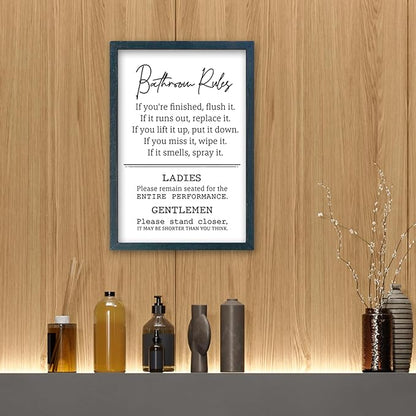 Bathroom Rules Wall Decor 16"×11" Restroom Toile Sign Humor Quotes for Bathroom Humorous Modren Restroom Wood Framed Wall Hanging Art (Black)