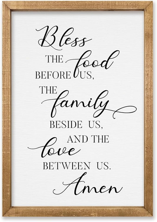 comurdyo Kitchen Wall Decor Bless the Food Before Us Prayer Farmhouse Christian Sign 16"×11" Framed Wood for Small Modern Religious Holy Dining Room Kitchen Plaque Wall Art Hanging (Wood)