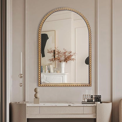 BAODANFU Traditional Arch Mirror for Bathroom, 20" x30" Baroque Antique Gold Marlowe Mirrors Beaded Frame, Decorative Accent Vertical Vanity, Wall Decor Over Mantel Fireplace, Sofa, Entryway