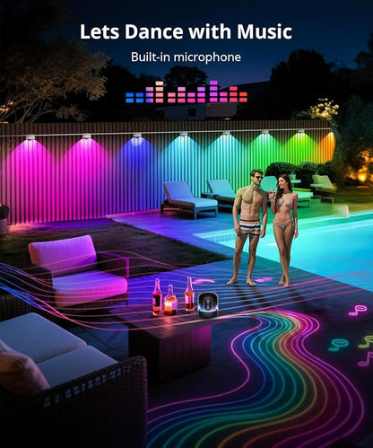 Outdoor Deck Lights 16 Packs, Smart RGBCW Fence Light, 100+ Scene Modes, Dual Lens LED String Lights with APP/Voice/Remote Control, IP65 Waterproof for Halloween Christmas Decor, 105ft White