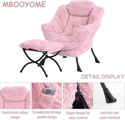 MBOOYOME Lazy Chair with Folding Ottoman, Modern Accent Lounge Armchair with Armrests and a Side Pocket & Foldable Footstool, Leisure Reading Chair for Living Room, Bedroom, Dorm & Office, Plush Pink