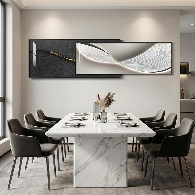 Extra Large Framed Modern Abstract Wall Art for Living Room, Set of 2 Long Horizontal Prints Paintings, Minimalist Black and White Pictures for Hallway Bedroom Dining Room Office Wall Decor
