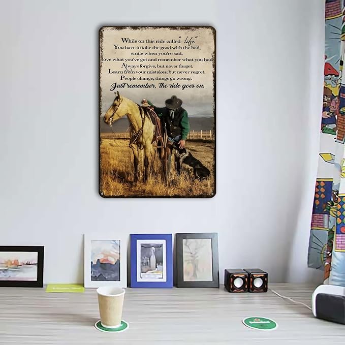 Aenaon Vintage Tin Signs While On This Ride Called Life Retro Cowboy Tin Sign Home Kitchen Bar Wall Decor Man Cave Decor Sign Western Decor 8x12 Inches
