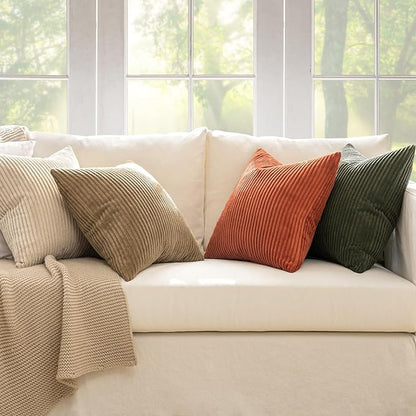 MIULEE Boho Farmhouse Throw Pillow Covers 18x18 Inch Set of 4 Rustic Modern Neutral Cushion Covers Soft Corduroy Nordic Home Decor for Couch Bed Sofa Living Room Rust-Olive Green