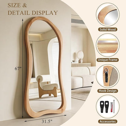Large Irregular Mirror, 67"x31.5" Asymmetrical Full Body Mirrors with Solid Wood Frame, Premium Organic Aesthetic Floor Mirror for Living Room Entryway Hallway Cloakroom, Leaning/Hanging