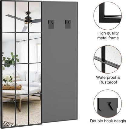 Mirror Full Length, 65"x22" Large Rectangular Mirrors, Black Window Pane Wall Body Mirror with Aluminum Frame, Farmhouse Standing Mirrors Hanging or Leaning for Living Room,No Stand