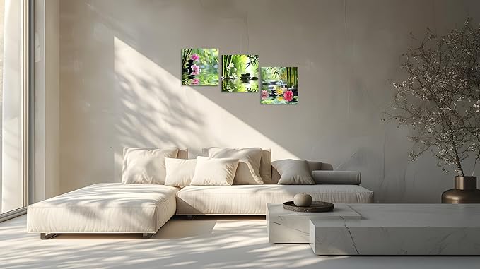 TutuBeer 3 Pcs Zen Wall Art Zen Pictures for Bathroom Spa Still Life Spa Stone Green Bamboo Orchid in Water Pictures Prints on Canvas for Home Office Wall Decor Stretched and Framed 16x16inchx3