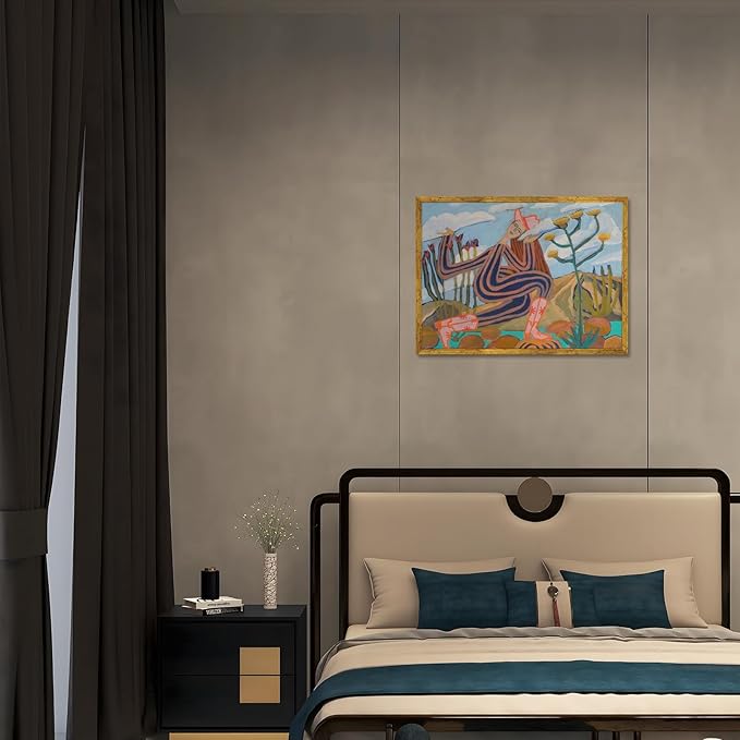 Large Gold Framed Abstract Western Cowboy Wall Art Cowgirl Canvas Print Midcentury Landscape Posters Modern Folk Botanical Painting Pictures California Artwork for Bedroom Home Decor 24x36inch