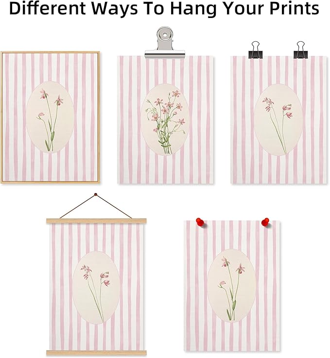 Youillne Pink Flower Wall Art Striped Floral Prints Botanical Canvas Wall Decor Aesthetic Pictures Pastel Pink Floral Poster Minimalist Flower Painting for Girl Room 16x24 Inch Unframed Set of 3