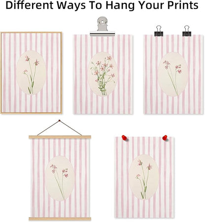 Youillne Pink Flower Wall Art Striped Floral Prints Botanical Canvas Wall Decor Aesthetic Pictures Pastel Pink Floral Poster Minimalist Flower Painting for Girl Room 12x16 Inch Unframed Set of 3