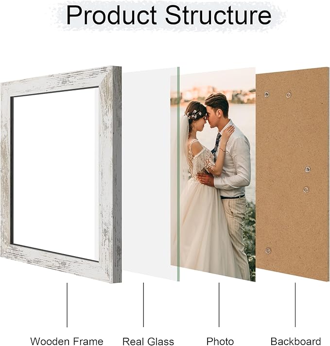 iRahmen 8.5x11 Picture Frame - High Definition Real Glass Wooden Photo Frames for Tabletop Display and Wall Mounting (Distressed-White, Set of 2)