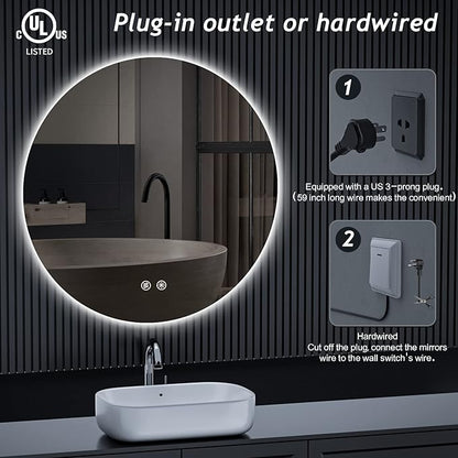 LED Round Bathroom Mirror, 36 Inch Backlit Wall Mounted Bathroom Mirror with Lights, Frameless Vanity Mirror with 3 Color Lights, CRI 95+, Anti-Fog, Shatter-Proof