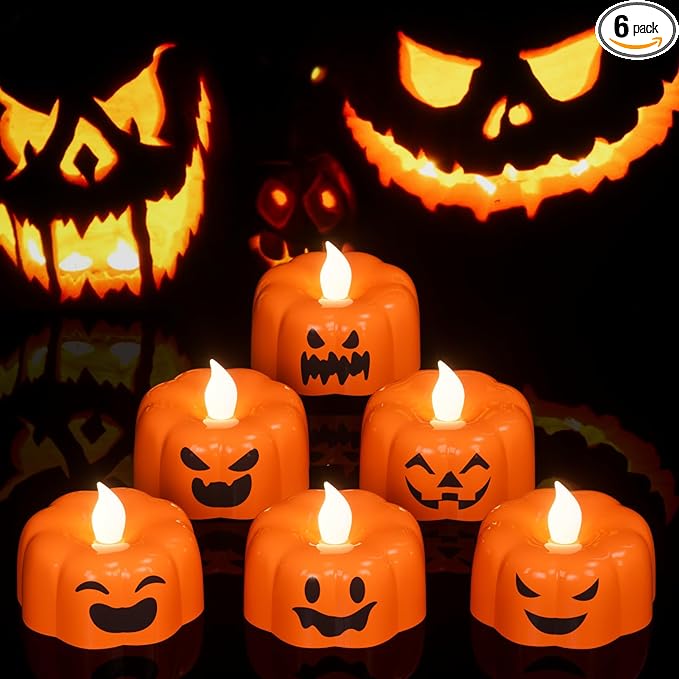 GenSwin Halloween Pumpkin Flameless Candles Lights with 6H Timer, 6 Pcs LED Flickering Tealights Candles Battery Operated, Ghost Face Tea Lights Candles for Fall Halloween Decoration (1.9” x 1.6”)