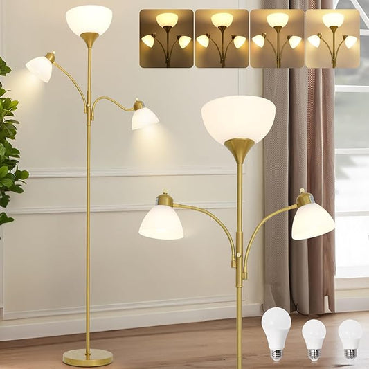 RISLG Floor Lamps for Living Room,Standing Lamp with Stepless Dimming, 3 Lights Adjustable Reading Lights, Morden Tall Lamps for Living Room, Bedroom, Office, Gold