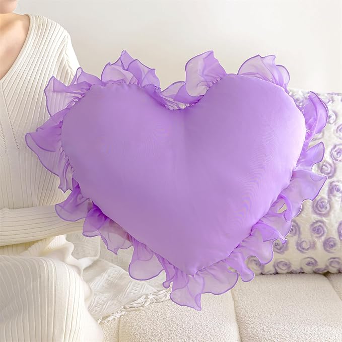 MOJUN Heart Pillow, Soft Heart Shaped Pillow with Ruffles Decorative Throw Pillows for Sofa Bed Chair Cute Room Decor Heart Shaped Throw Pillow Cushion for Floor Living Room Bedroom, Purple