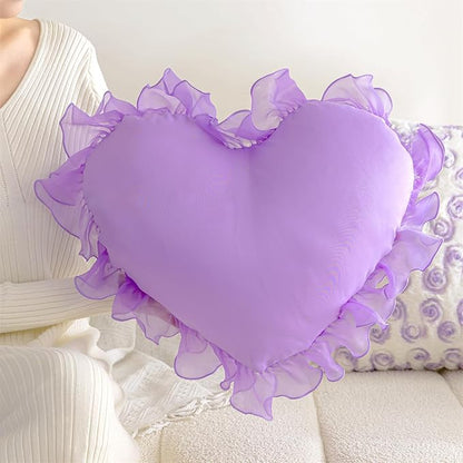 MOJUN Heart Pillow, Soft Heart Shaped Pillow with Ruffles Decorative Throw Pillows for Sofa Bed Chair Cute Room Decor Heart Shaped Throw Pillow Cushion for Floor Living Room Bedroom, Purple