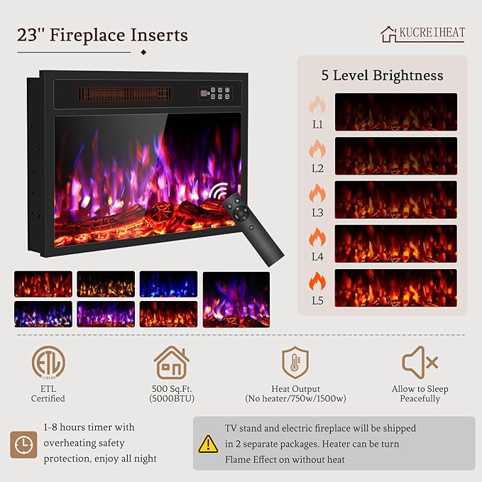 Kucreiheat 70'' TV Stand Fireplace-Entertainment Center with 23'' Fireplace, LED Light for 80 inch TV-White Fireplace Stand with Adjustable Glass Shelves, Modern TV Console for Living Room/Bedroom