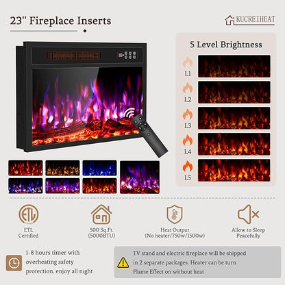 Kucreiheat 70'' TV Stand Fireplace-Entertainment Center with 23'' Fireplace, LED Light for 80 inch TV-White Fireplace Stand with Adjustable Glass Shelves, Modern TV Console for Living Room/Bedroom