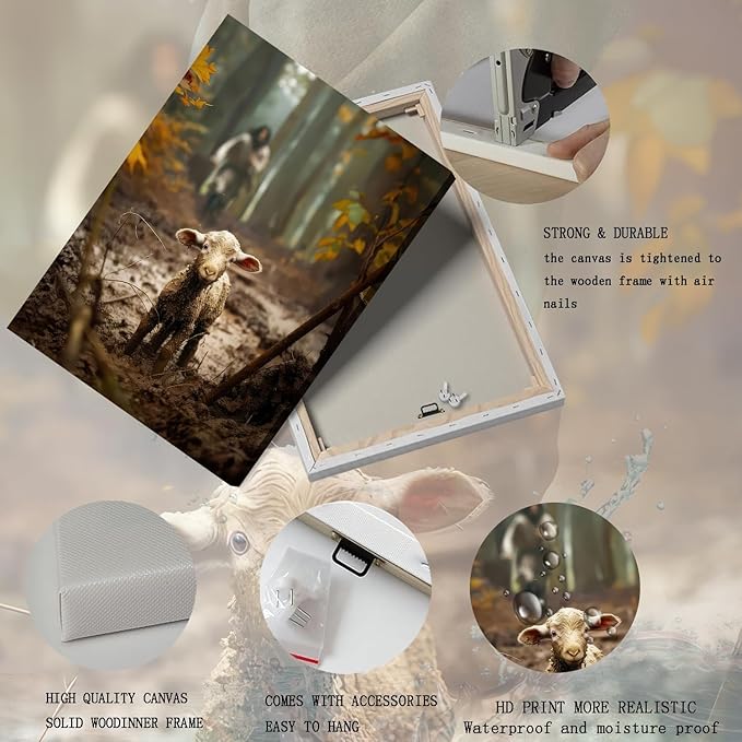 Jesus and Lamb Canvas Wall Art Jesus Running After Lost Sheep Wall Decor Christian Baptism gifts Lamb of God Painting Poster Print Artwork for Living Room Bedroom Church Decor 24X36 in canvas