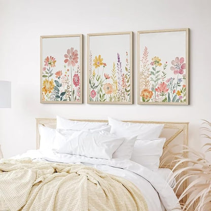 Watercolor Wildflower Wall Art Decor Colorful Flower Pictures Canvas Floral Botanical Wall Art Vintage Prints Poster Floral Painting Artwork for Living Room Bedroom 12x16 Inch Framed Set of 3