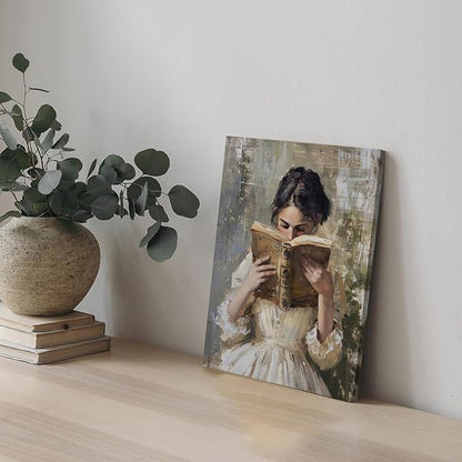 Vintage Victorian Woman Reading Book Wall Art Light Academia Wall Decor Paintings Picture Moody Girl Aesthetic Poster Canvas Print for Bedroom Living Room Dorm Library Nook 16x24 Inch Framed