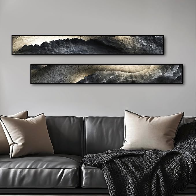 Large Framed Long Narrow Vertical Abstract Wall Art Set of 2, Premium Crystal Porcelain Canvas Prints, Dark Gray White Modern Design - Perfect for Entryway, Hallway, Living Room, Bedroom - 63x10 inch