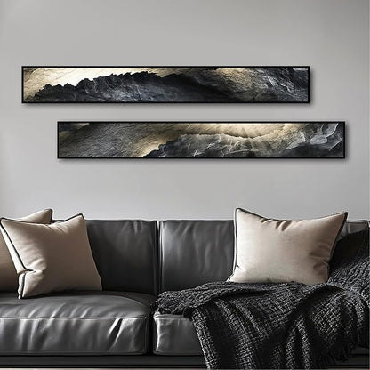 Large Framed Long Narrow Vertical Abstract Wall Art Set of 2, Premium Crystal Porcelain Canvas Prints, Dark Gray White Modern Design - Perfect for Entryway, Hallway, Living Room, Bedroom - 63x10 inch