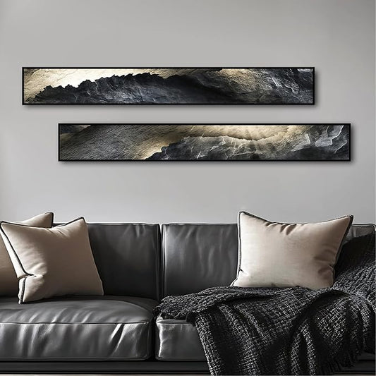 Large Framed Long Narrow Vertical Abstract Wall Art Set of 2, Premium Crystal Porcelain Canvas Prints, Dark Gray White Modern Design - Perfect for Entryway, Hallway, Living Room, Bedroom - 63x10 inch