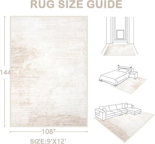 Area Rugs 9x12 Living Room: Washable Rug Modern Abstract Large Rugs Soft Non Slip Neutral Rug Stain Resistant Indoor Carpet for Bedroom Kitchen Dining Room Table Nursery Home Office Rugs(Beige,9'x12')