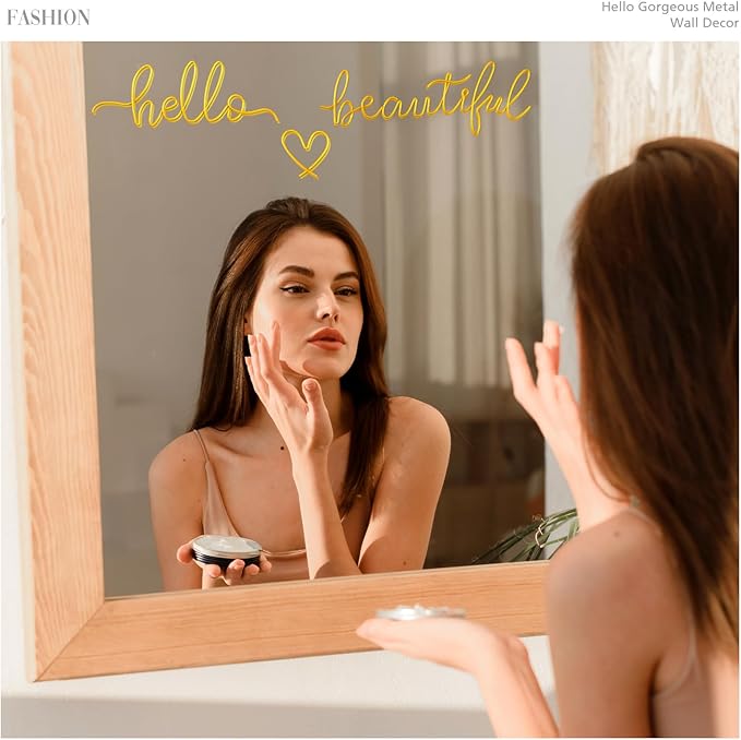 Hicarer Metal Hello Gorgeous Wall Art Minimalist Decor for Bedroom Bathroom Living Room Dressing Room Salon Office Home Decorations Easy to Install Wall Decor(Gold,Lovely Style)