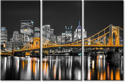 TUMOVO Pittsburgh Pennsylvania Cityscape Home Decor Art Prints Ninth Street Bridge Allegheny River Pictures Bathroom Decor Wall Art 3 Panel Artwork Framed Ready to Hang (60" Wx40 H)