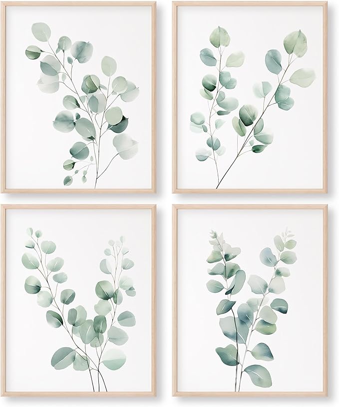 Eucalyptus Leaves Watercolor Art Prints (Set of 4) - 8x10 (Unframed) | Boho Botanical Wall Decor | Minimalist Floral Artwork for your Home, WFH Office, Kitchen, Dining Room, Bedroom, and Bathroom