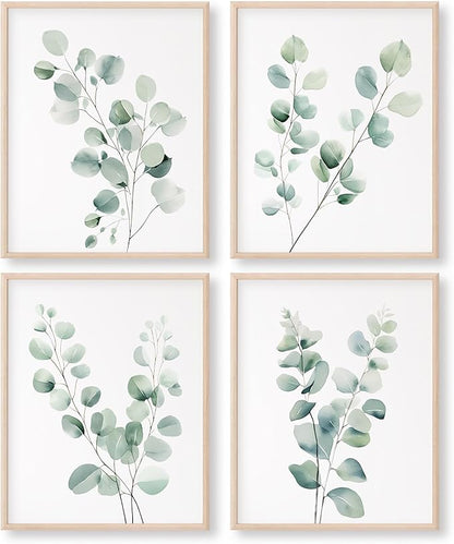Eucalyptus Leaves Watercolor Art Prints (Set of 4) - 8x10 (Unframed) | Boho Botanical Wall Decor | Minimalist Floral Artwork for your Home, WFH Office, Kitchen, Dining Room, Bedroom, and Bathroom