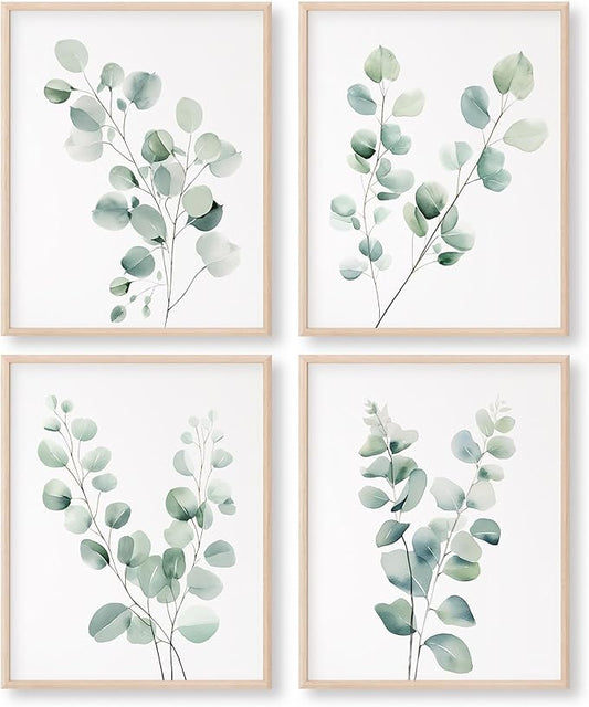 Eucalyptus Leaves Watercolor Art Prints (Set of 4) - 8x10 (Unframed) | Boho Botanical Wall Decor | Minimalist Floral Artwork for your Home, WFH Office, Kitchen, Dining Room, Bedroom, and Bathroom