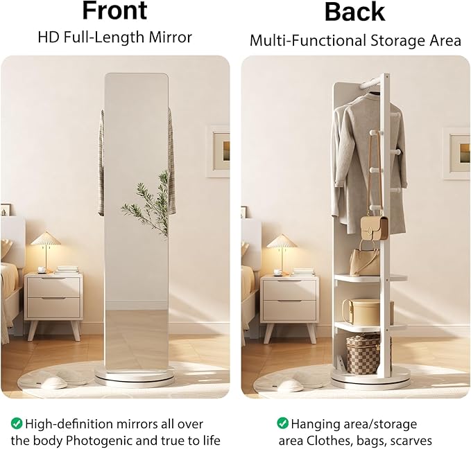 WoodsWhisper Full Length Mirror Coat Rack Solid Wood Floor Mirror 66"x12" Full Length Mirror with Stand Long Mirrors for Bedroom,Living Room (White, 70" L x 16" W)