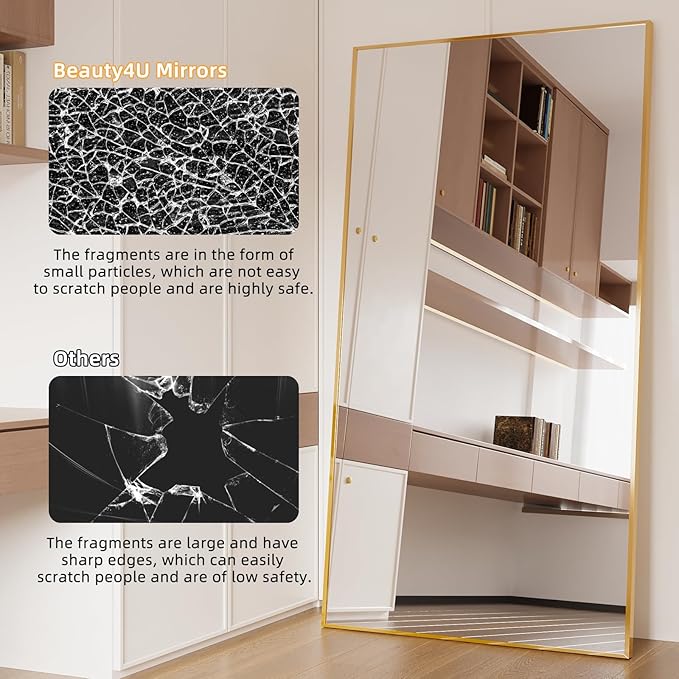 Beauty4U 76" x 37" Full Length Mirror with Stand, Gold Floor & Wall Mounted Mirror, Large HD Tempered Glass Full Body Mirror for Bedroom, Dressing Room, Living Room, Entryway