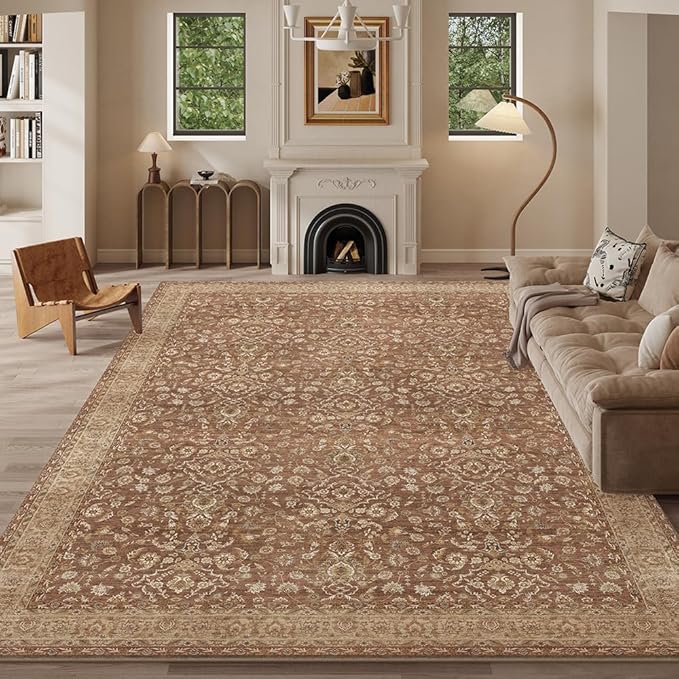 8x10 Area Rugs Reddish Brown Washable Rug for Living Room, Dining Room, Bedroom, Large Carpets, Non Slip & Non-Shedding Low Pile Vintage Print Rug for Home Office Decor