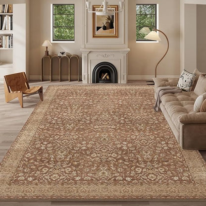 8x10 Area Rugs Reddish Brown Washable Rug for Living Room, Dining Room, Bedroom, Large Carpets, Non Slip & Non-Shedding Low Pile Vintage Print Rug for Home Office Decor