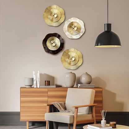 Shimeyao 4 Pcs 12 Inch Gold Wall Decor Metal Flower Plate Art Hanging Wall Decorations Modern Metai Decorations for Home Living Room Office Bedroom Bathroom Floral Sculpture