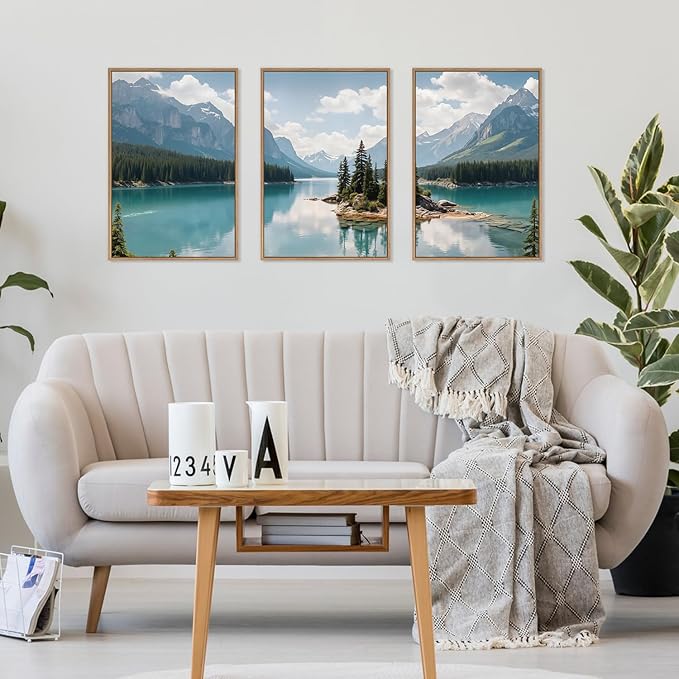 HLNIUC Mountain Wall Art Canvas,Forest Wall Art Mountain Lake,Lake Scenery Artwork,Landscape Nature Framed Decor,Realistic Landscape Prints,Forest Scene Painting for Living Room,Bedroom,Home16x24x3