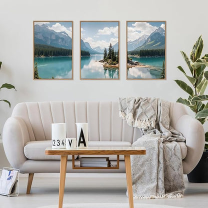 HLNIUC Mountain Wall Art Canvas,Forest Wall Art Mountain Lake,Lake Scenery Artwork,Landscape Nature Framed Decor,Realistic Landscape Prints,Forest Scene Painting for Living Room,Bedroom,Home16x24x3