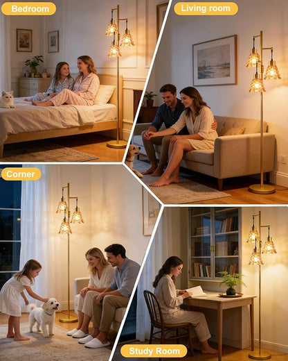 3-Light Modern Glass Floor Lamp, Gold Standing Tall Lamp with Amber Pinecone Glass Shade for Reading, Dimmable LED Floor Lamp with 5Lbs Heavy Base for Living Room Bedroom Home Decor, Bulb Included