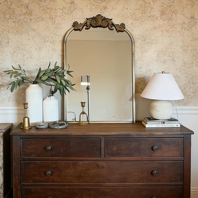 USHOWER Gold Anthropologie Vintage Mirrors for Wall, 24" x 36" Antique Baroque Style with Ornate Frame, Arched Brass Decoration for Fireplace, Bathroom, Living Room, Entryway Remodel