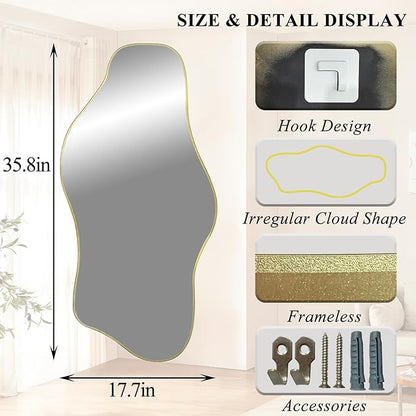 Gold Irregular Wall Mirror, 35.8"x17.7" Asymmetrical Tempered Glass Mirror, Modern Abstract Frameless Cloud Mirrors for Living Room Bedroom Entryway, Horizontal or Vertical Hanging