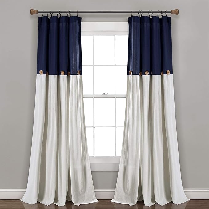 Lush Decor Linen Button Window Curtain Panel, Single, 40" W x 108" L, Navy & White - Country Curtains - Rustic Decor - Color Block - Modern Farmhouse Curtains
